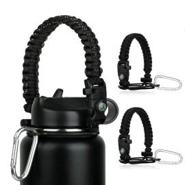 Paracord Handle - Fits Wide Mouth Bottles 12Oz To 64Oz - Durable Carrier, Paracord Carrier Strap Cord With Safety Ring,Compass And Carabiner - Ideal Water Bottle Handle Strap (3 Black)