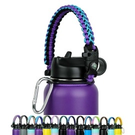 Paracord Handle - Fits Wide Mouth Bottles 12Oz To 64Oz - Durable Carrier, Paracord Carrier Strap Cord With Safety Ring,Compass And Carabiner - Ideal Water Bottle Handle Strap (Purple Blue)
