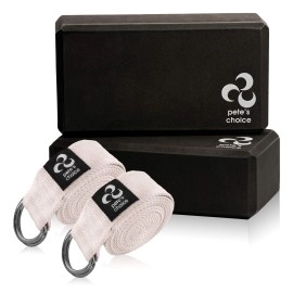 Petes Choice 2 Yoga Blocks + 2 Yoga Straps - Yoga Starter Kit For Beginners I Ideal Yoga Gift I Great For Home Indoor Exercises, Home Yoga