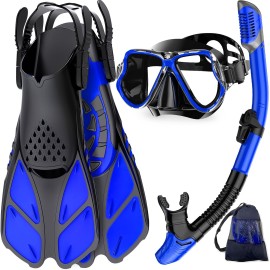 Zenoplige Mask Fins Snorkel Set, Snorkeling Gear For Adults, Panoramic View Snorkel Mask Anti-Fog, Adjustable Dive Flippers, Dry Top Snorkel And Travel Bag, Scuba Gear For Swimming Snorkeling Diving