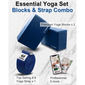 Tumaz Yoga Blocks 2 Pack with Strap Set, High Density/Lightweight EVA Foam Yoga Blocks or Non-Slip Solid Natural Cork Yoga Blocks Set & Premium Yoga Brick for All Yogi [E-Book Included]