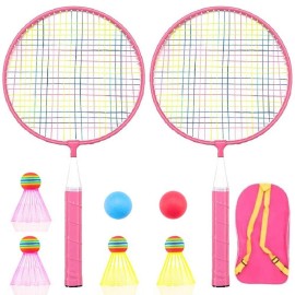 Badminton Racket For Children 1 Pair, Nylon Alloy Durable Badminton Racquet Set For Kids Indoor/Outdoor Sport Game(Including 4 Badminton And 2 Table Tennis) (Pink)