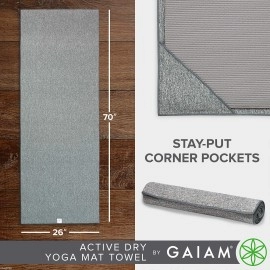 Gaiam Yoga Towel - Mat Sized Active Dry Non Slip Moisture Wicking Sweat Absorbent Microfiber Hot Yoga Towel for Women & Men | Stay-Put Corner Pockets (70