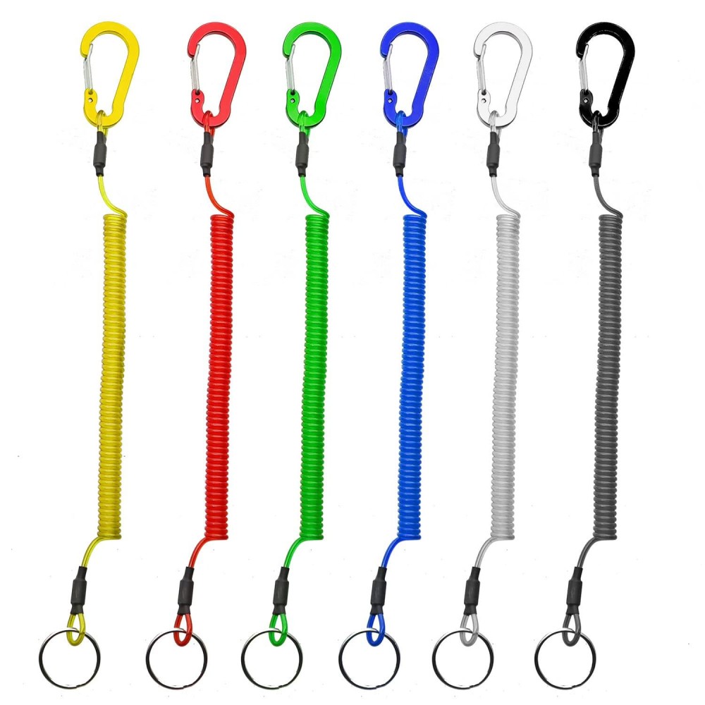 Lix&Rix Color Fishing Lanyards Fishing Tool Pole Safety Coiled Lanyards Retractable Wire Inside With Carabiner, 6Pcs