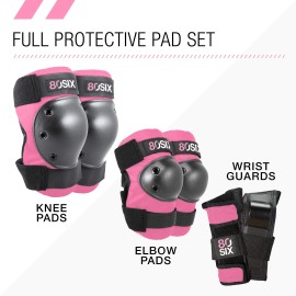 80Six Pad Set with Wristguards, Elbow Pads, and Knee Pads for Kids, Pink, Small / Medium - Ages 8+