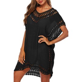 Adisputent Swimsuit Cover Ups For Women Plus Size Black Chiffon Beach Wear Mesh Tassel Crochet Bathing Suits Coverups Swimwear Dress, Black