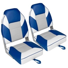 Leader Accessories A Pair Of Elite Low/High Back Folding Fishing Boat Seat (2 Seats) (White/Grey/Blue)