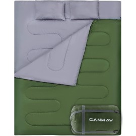 Canway Double Sleeping Bag With 2 Pillows, Waterproof Lightweight 2 Person Sleeping Bag For Camping,Backpacking, Hiking Outdoor Indoor For Adults Or Teens Queen Size Xl (Army Green-Polyester)
