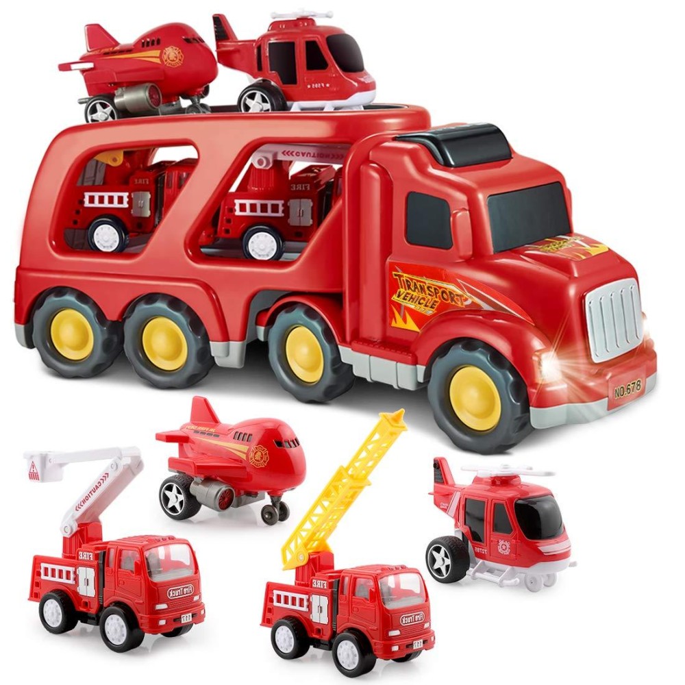 Slenpet Fire Truck Toys For 3 4 5 Years Old Boys Kids Toddlers, Vehicles Toy Set With Light And Sound, Large Transport Cargo Truck, Small Helicopter, Airplane, Emergency Rescue Cars, 5 In 1 Playset