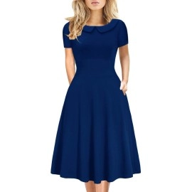 Work Dresses For Women Casual Summer Vintage Casual Party Peter Pan Collar Cotton A-Line Swing Dress With Pockets 978 (Royal Blue, S)