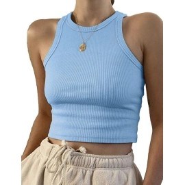 Meladyan Womens Round Neck Basic Racerback Camisole Rib-Knit Solid Sleeveless Crop Tank Tops (Medium, Sky Blue)