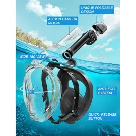 Full Face Snorkel Mask, Snorkeling Gear for Adults Diving Mask Anti Fog Premium Innovative Safety Breathing System, 180 Panoramic Foldable Anti Leak Swimming Mask with Detachable Camera Mount