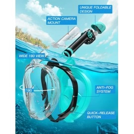 Full Face Snorkel Mask, Snorkeling Gear for Adults Diving Mask Anti Fog Premium Innovative Safety Breathing System, 180 Panoramic Foldable Anti Leak Swimming Mask with Detachable Camera Mount