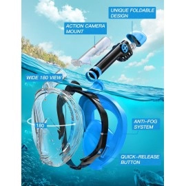 Full Face Snorkel Mask, Snorkeling Gear for Adults Diving Mask Anti Fog Premium Innovative Safety Breathing System, 180 Panoramic Foldable Anti Leak Swimming Mask with Detachable Camera Mount
