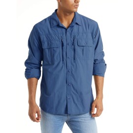 Tacvasen Mens Tactical Shirts Quick Dry Uv Protection Long Sleeve Hiking Fishing Button Shirts Royal Blue, M