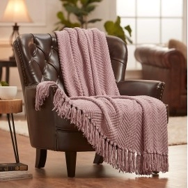 Chanasya Textured Knitted Super Soft Throw Blanket With Tassels - Warm Fluffy Cozy Plush Knit - For Couch Bed Sofa Living Room Framhouse Boho Tan Pink Accent Decor (50X65 Inches) Mauve Blanket