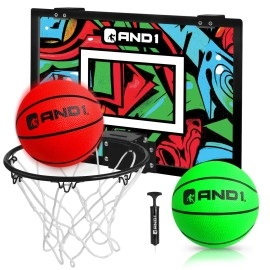 And1 Over The Door Mini Hoop: - 18X12 Pre-Assembled Portable Basketball Hoop With Flex Rim, Includes Two Deflated 5 Mini Basketball - Green/Red (5A1Gt0110E0E2)