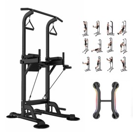 Power Tower Dip Station Pull Up Bar Exercise Tower Adjustable Pull Up Station For Home Gym Multi-Function Strength Training Fitness Equipment With Backrest And Armrest 330Lbs