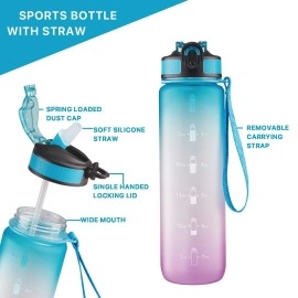 Eyq 32 Oz Water Bottle With Times Marker Carry Strap Leak-Proof Tritan Bpa-Free Ensure You Drink Enough Water For Fitness Gym Camping Outdoor Sports (Greenpurple Gradient)