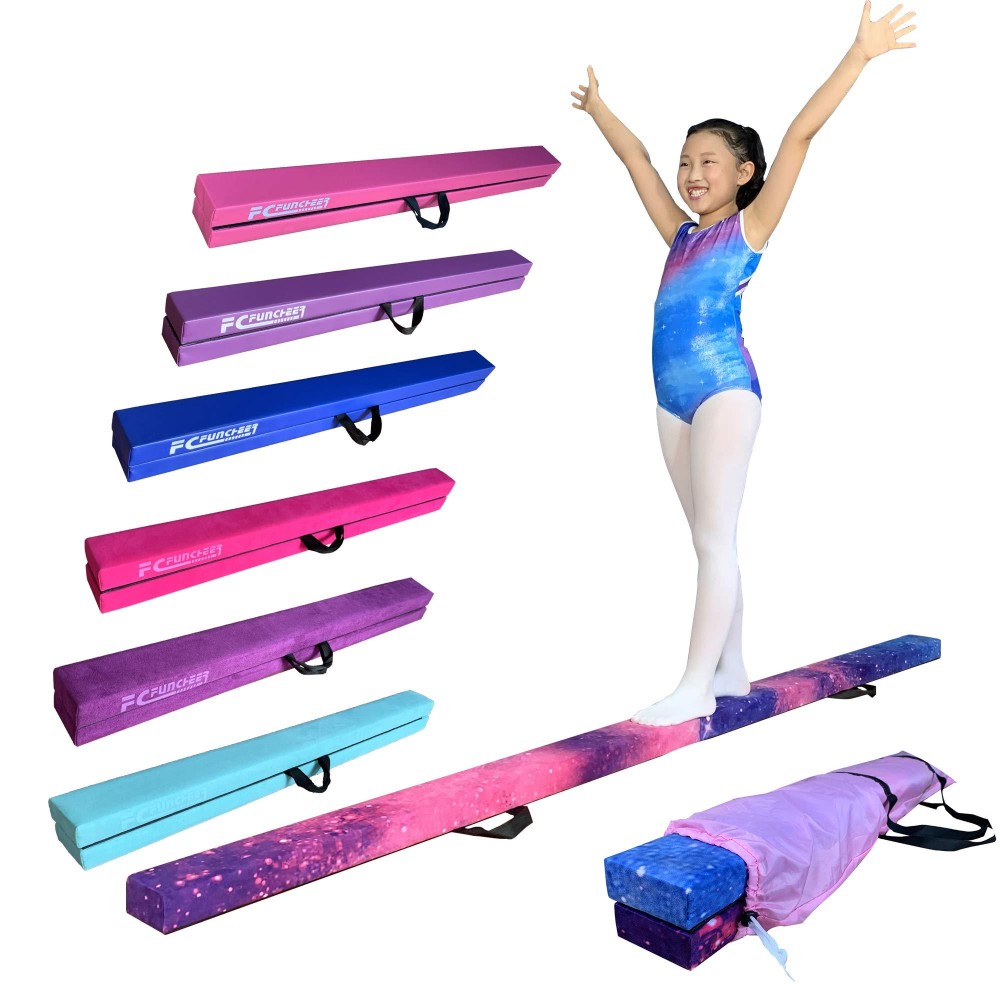 Fc Funcheer 8Ft Folding Balance Beam Gymnastics Beam Wood Core Floor Beam With Anti-Slip Bottom Stainless Hinge And Carrying Bag (Polyester, Light Blue)