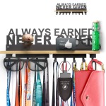 Trophy Medal Holder Display Hanger Rack Frame Shelf,Medal Holder With Wooden Trophy Shelf Rack,Sturdy Black Metal Wall Mount With 10 Hooks Over 40 Medals Easy To Install-Universal Design Common Font