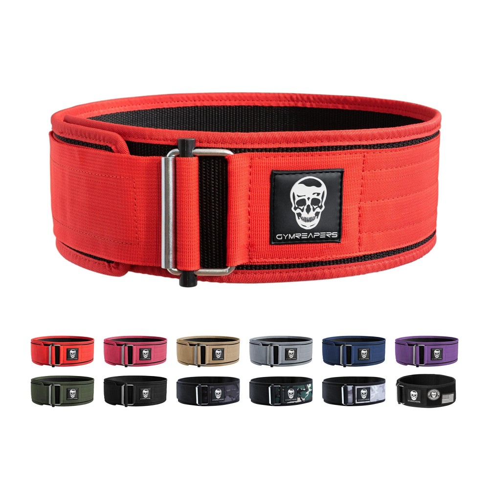 Gymreapers Quick Locking Weightlifting Belt For Bodybuilding, Powerlifting, Cross Training - 4 Inch Neoprene With Metal Buckle - Adjustable Olympic Lifting Back Support (Red, Medium)