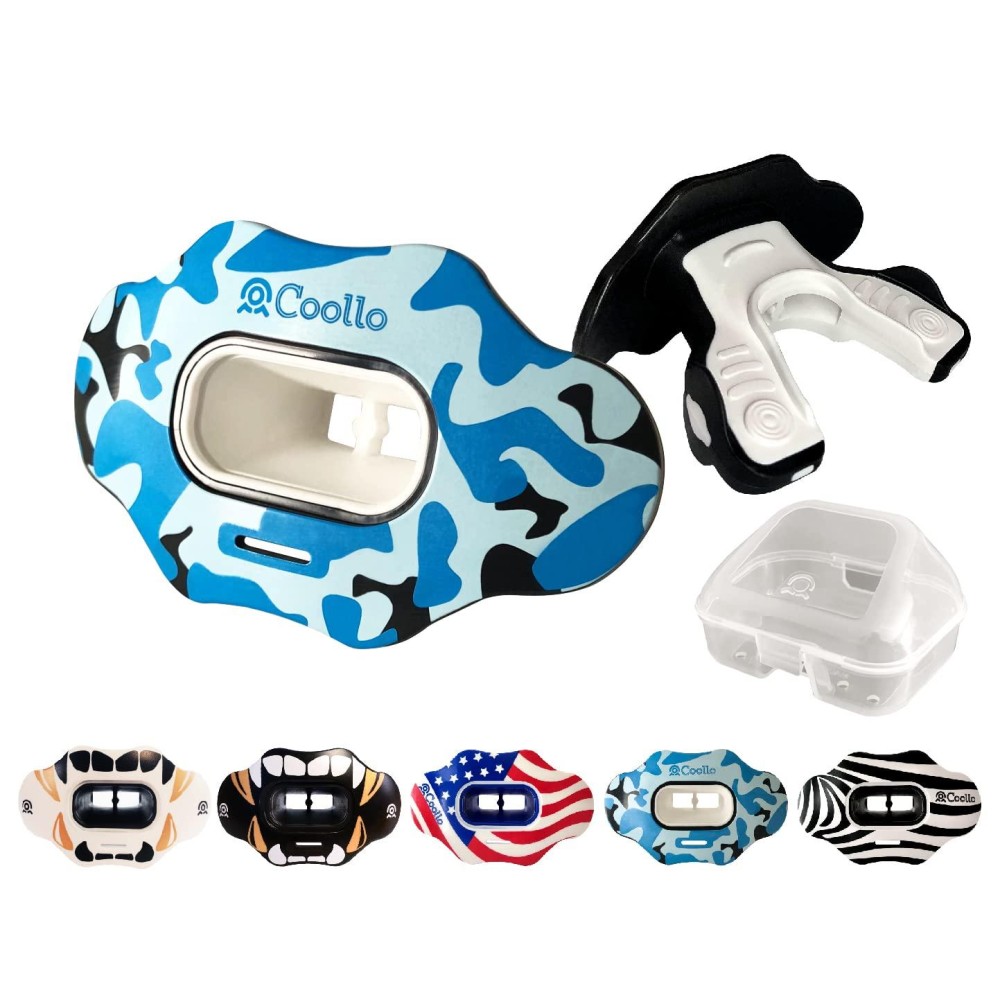Coollo Sports Lip Guard Mouthguard Maxx/Might Football And High Impact Sports Lip Protector For Adults & Youth (Strap Included) (Blue Camo -(Two Layers), Without Case (Adult 8+))