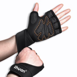 Ihuan Weight Lifting Gym Workout Gloves With Wrist Wrap Support For Men & Women, Full Palm Protection, For Weightlifting, Training, Fitness, Exercise, Pull Ups