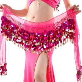 Wekioobon Belly Dance Hip Scarf, Sweet Belly Dance Skirt Wrap Performance Bling Sequins Coins, Belly Dancer Costumes For Women (Rose)