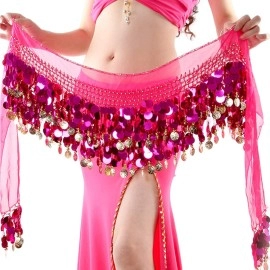 Wekioobon Belly Dance Hip Scarf, Sweet Belly Dance Skirt Wrap Performance Bling Sequins Coins, Belly Dancer Costumes For Women (Rose)