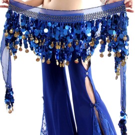 Wekioobon Belly Dance Hip Scarf, Sweet Belly Dance Skirt Wrap Performance Bling Sequins Coins, Belly Dancer Costumes For Women (Dark Blue)