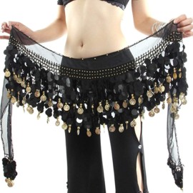 Wekioobon Belly Dance Hip Scarf, Sweet Belly Dance Skirt Wrap Performance Bling Sequins Coins, Belly Dancer Costumes For Women (Black)