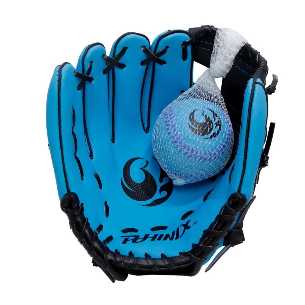 Phinix 9 Baseball Glove Tee Ball Mitts And Foam Ball For Kids Beginner Play Training Left Hand Throw Blue