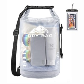 Heeta Waterproof Dry Bag For Women Men, Roll Top Lightweight Dry Storage Bag Backpack With Phone Case For Travel, Swimming, Boating, Kayaking, Camping And Beach, Transparent White 10L