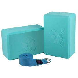 Clever Yoga Blocks 2 Pack With Strap - Extra Light Weight Sweat Repelling Foam Yoga Block Set With Cotton 8Ft Yoga Stretch Strap - Yoga Block And Strap Set Kit For Beginner To Pro - Exercise Accessories For Stretching, Balance And Strength (Aqua Blue)
