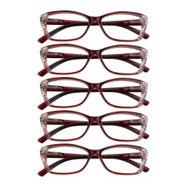5 Pairs Reading Glasses With Spring Hinge, Blue Light Blocking Glasses, Computer Reading Glasses For Women And Men, Fashion Square Eyewear Frame(Red,+225 Magnification)