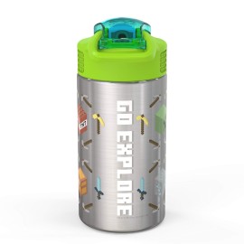 Zak Designs Minecraft 18/8 Single Wall Stainless Steel Kids Water Bottle with Flip-up Straw Spout and Locking Spout Cover, Durable Cup Stays Clean for Sports or Travel (15.5oz, Non-BPA)