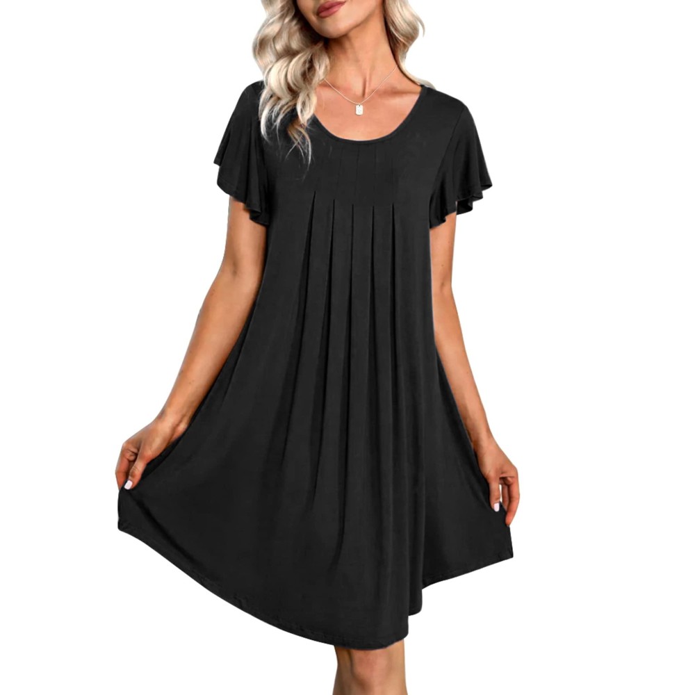 Ekouaer Sleepshirt Nightgown Womens Pleated Nightshirt Sleep Dress Short Sleeve Nightdress Sleepwear Loungewear Dress Black S