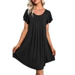 Ekouaer Sleepshirt Nightgown Womens Pleated Nightshirt Sleep Dress Short Sleeve Nightdress Sleepwear Loungewear Dress Black S