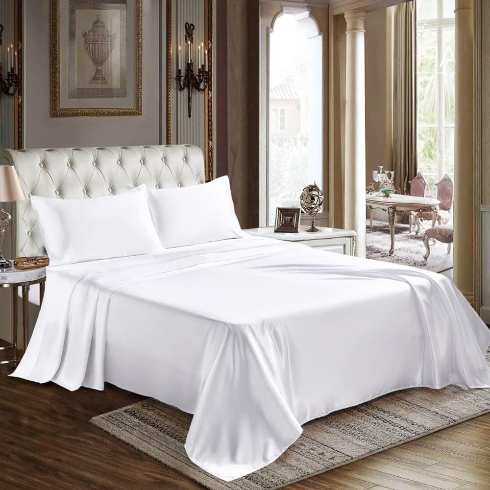 Cozylux Satin Sheets, Full Size Bed Sheets, Silky 4-Pcs Bedding Set, White Satin Sheets With 16 Inches Deep Pocket Fitted Sheet, Flat Sheet And 2 Pillowcases (Full, White)