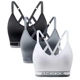 ANGOOL Strappy Sports Bras for Women, Longline Medium Support Yoga Bra Wirefree Padded Sports Bra with Adjustable Straps White 3 Pack