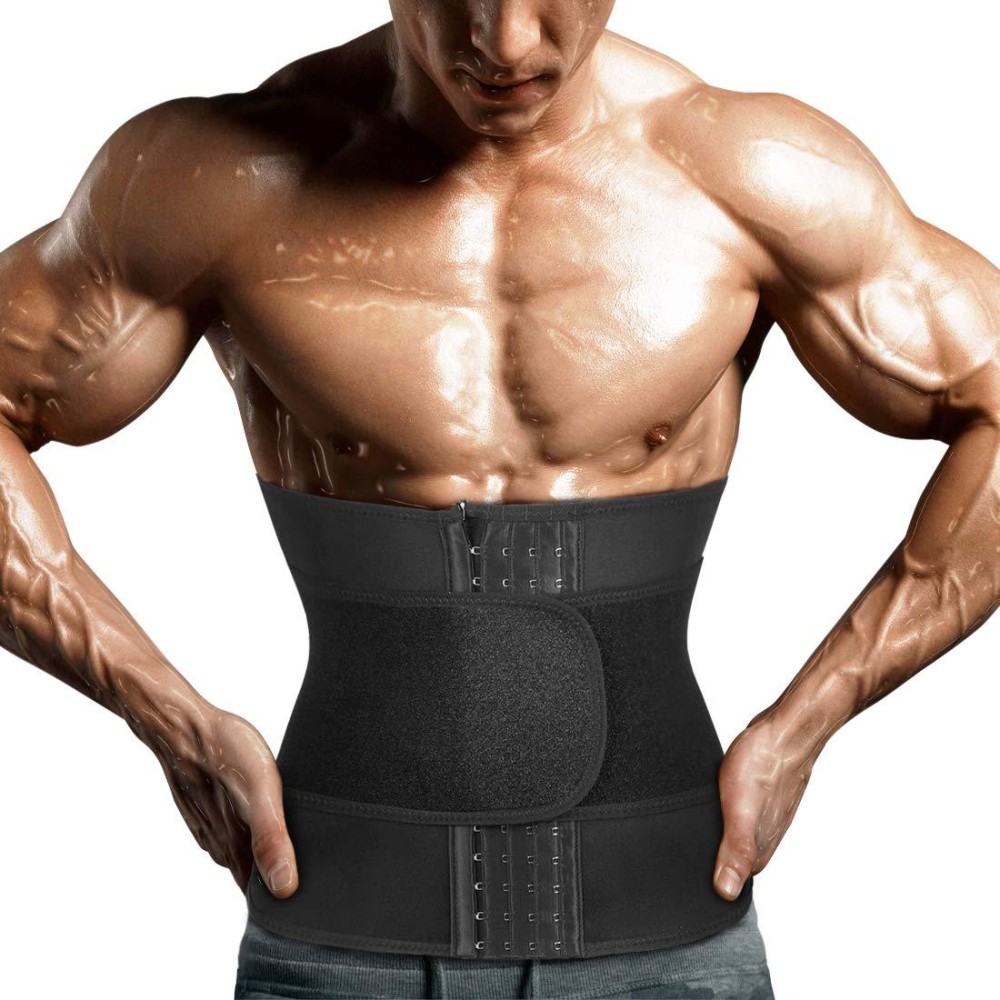 Yamadan Mens Neoprene Sauna Waist Cincher Slimmer Trainer Belt Belly Sweat Wrap Trimmer Workout Bands For Weight Loss (Black Waist Trimmer, L)