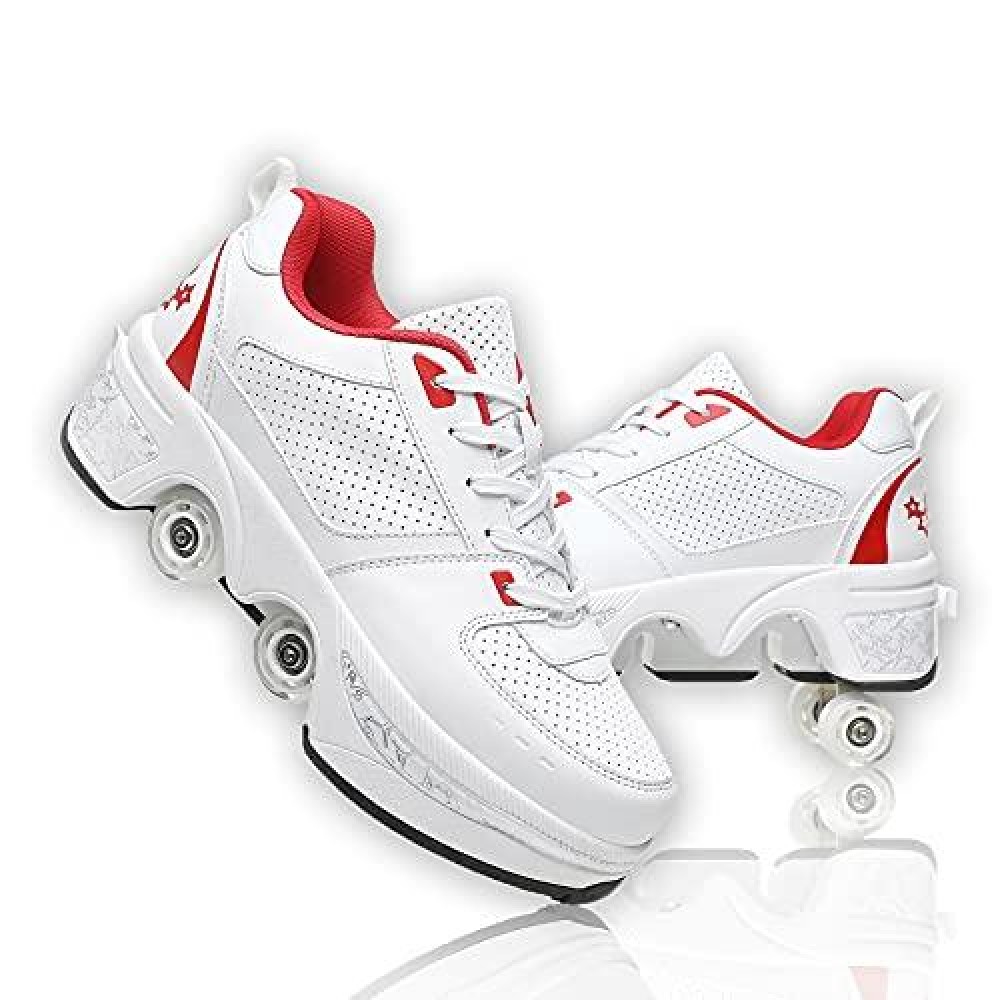 Double-Row Deform Wheel Automatic Walking Shoes Invisible Deformation Roller Skate 2 In 1 Removable Pulley Skates Skating Parkour (White Red, Us 55)