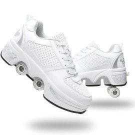 Double-Row Deform Wheel Automatic Walking Shoes Invisible Deformation Roller Skate 2 In 1 Removable Pulley Skates Skating Parkour (White Silver, Us 7)