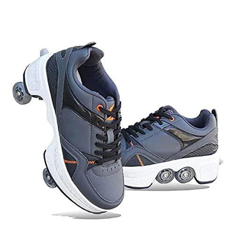 Double-Row Deform Wheel Automatic Walking Shoes Invisible Deformation Roller Skate 2 In 1 Removable Pulley Skates Skating Parkour (Light Black, Us 10)