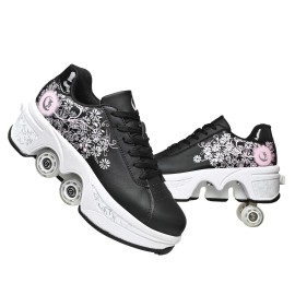 Double-Row Deform Wheel Automatic Walking Shoes Invisible Deformation Roller Skate 2 In 1 Removable Pulley Skates Skating Parkour (Black Powder, Us 55)