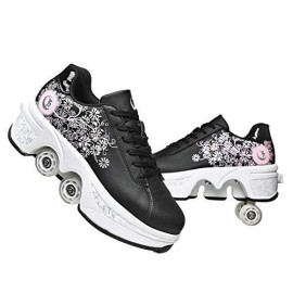 Double-Row Deform Wheel Automatic Walking Shoes Invisible Deformation Roller Skate 2 In 1 Removable Pulley Skates Skating Parkour (Black Powder, Us 65)