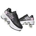 Double-Row Deform Wheel Automatic Walking Shoes Invisible Deformation Roller Skate 2 In 1 Removable Pulley Skates Skating Parkour (Black Powder, Us85)