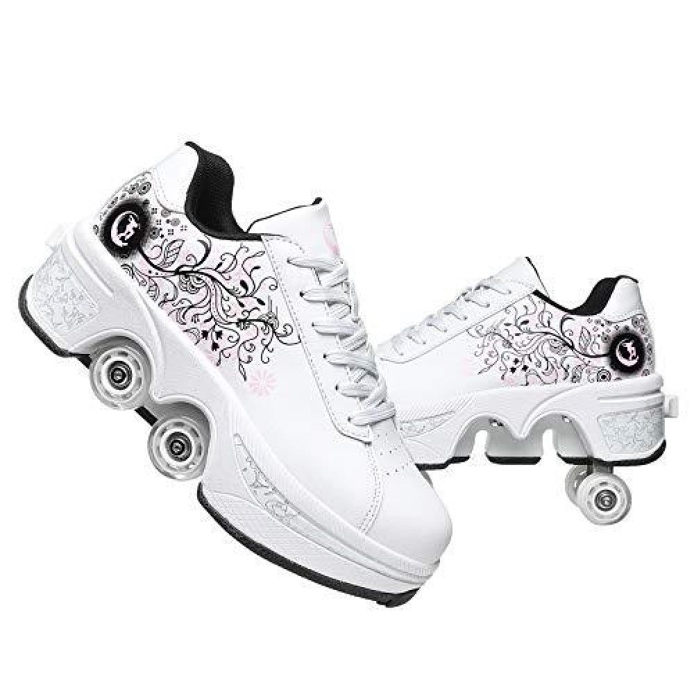 Double-Row Deform Wheel Automatic Walking Shoes Invisible Deformation Roller Skate 2 In 1 Removable Pulley Skates Skating Parkour (White Black Powder, Us85)