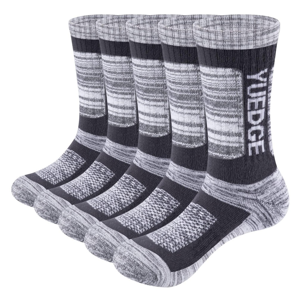 Yuedge Women'S Hiking Socks Dark Grey Moisture Wicking Cotton Casual Athletic Cushioned Crew Socks Work Boot Socks For Women 5-9, 5 Pairs